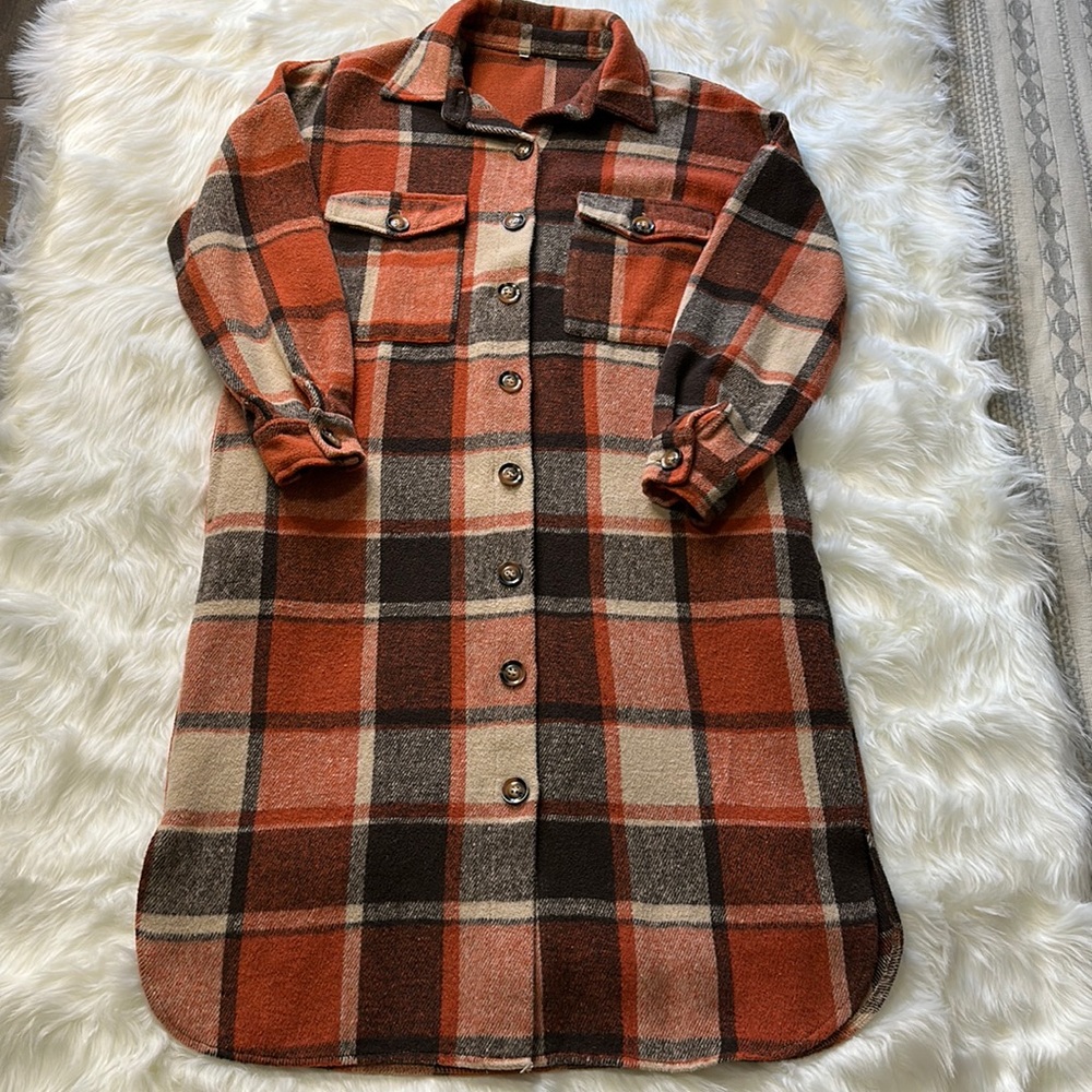 Long Shacket Button-Up With Pockets Orange/Brown/… - image 2